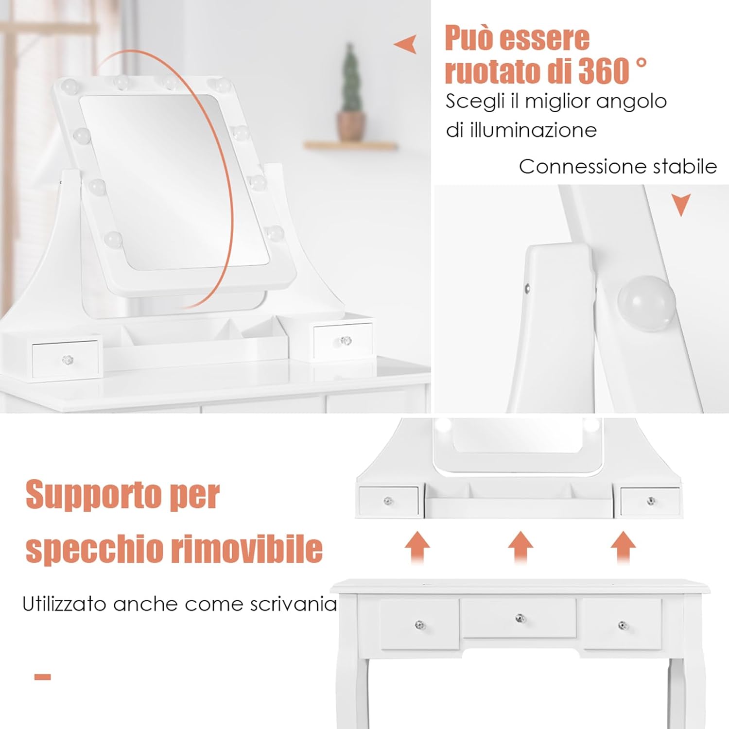 Toeletta Trucco con Specchio Girevole a 360° e 10 Luci LED, Postazione Trucco con Sgabello Imbottito, 5 Cassetti e Organizzatori, Tavolo da Trucco Moderno, 136x80x40cm (Bianco)