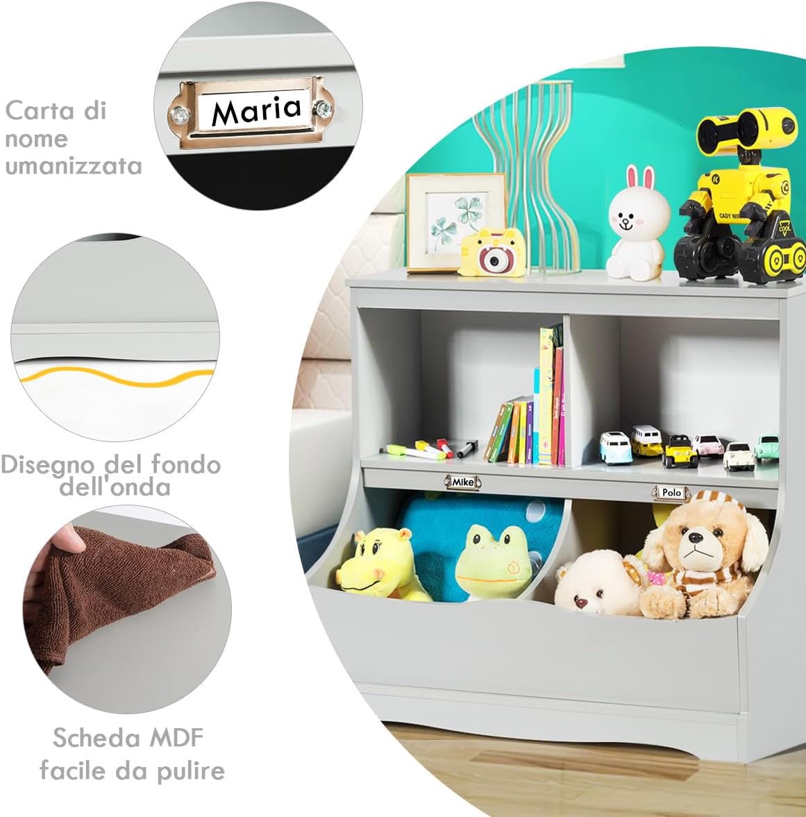 Scaffale Libreria Organizer Porta Giocattoli, con 2 Scomparti e 2 Contenitori, Libreria Multiuso con Pedana, per Camera dei Bambini (Grigio)