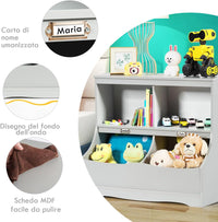 Scaffale Libreria Organizer Porta Giocattoli, con 2 Scomparti e 2 Contenitori, Libreria Multiuso con Pedana, per Camera dei Bambini (Grigio)
