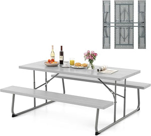 Tavolo da Picnic Pieghevole con 2 Panche, Set di Tavolo da 183 cm con Telaio in Metallo, Piano in HDPE, con Foro per Ombrellone, Tavolo da Pranzo da Giardino, Portata Totale 650 kg (Grigio)