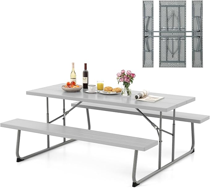 Tavolo da Picnic Pieghevole con 2 Panche, Set di Tavolo da 183 cm con Telaio in Metallo, Piano in HDPE, con Foro per Ombrellone, Tavolo da Pranzo da Giardino, Portata Totale 650 kg (Grigio)