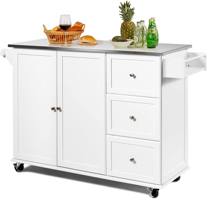 Carrello da Cucina, Isola da Cucina con Piano in Acciaio Inox, 3 Cassetti e Armadietto a 2 Ante, Ripiani Regolabili e Portasciugamani e Portaspezie, 135x45,5x 91,5 cm (Bianco)
