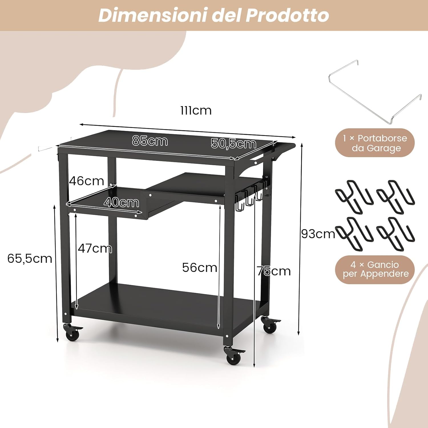 Carrello Barbecue da Esterno, Carrello BBQ Portatile con 3 Ripiani, 4 Ruote Bloccabili, Ganci, Maniglia Laterale, per Cucina, Giardino