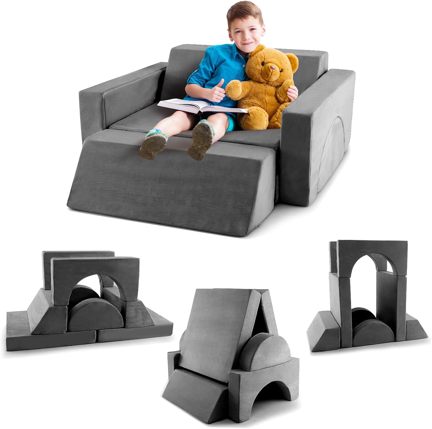 Divano Modulare per Bambini 8 Pezzi, Divanetto per Bambini con Copertura Staccabile per Sala Giochi e Camera da Letto, Divano Creativo per Bambini per Giocare, Creare e Dormire (Grigio)