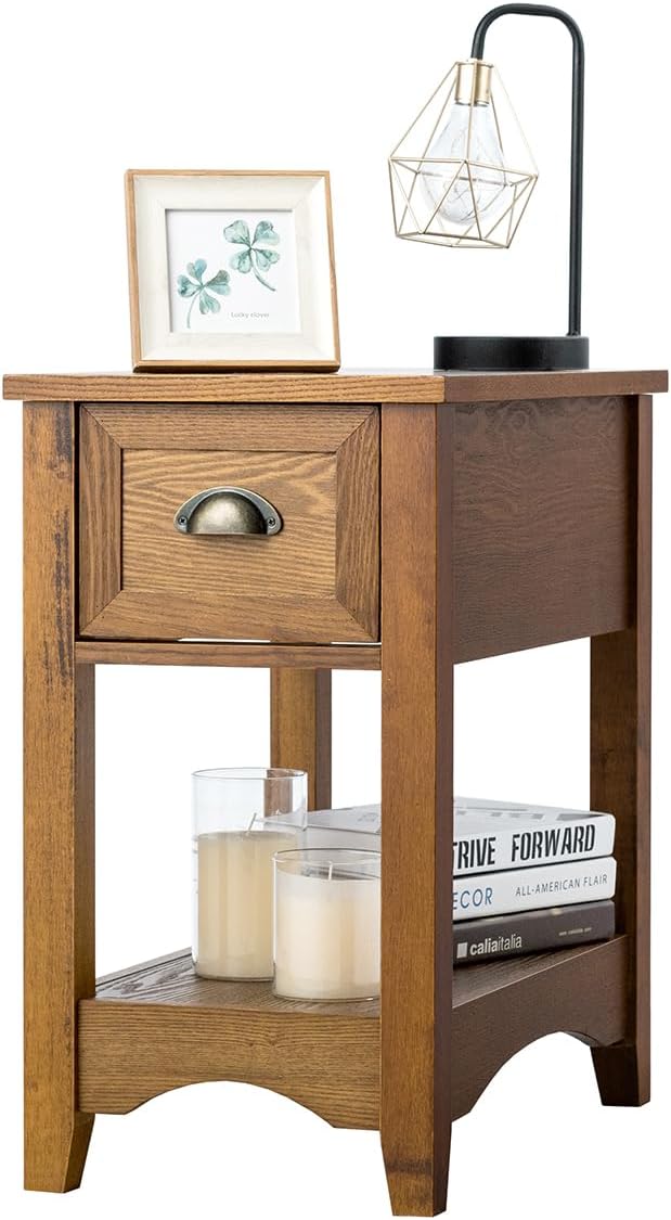 Tavolino da Salotto in Legno Massello, Comodino con 1 Cassetto e 1 Ripiano, Tavolino Basso da Soggiorno e Camera da Letto (56 x 33 x 58,5 cm, Legno, 1)