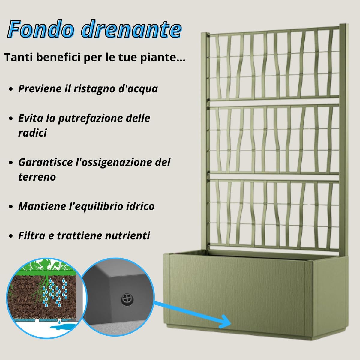 Fioriera con spalliera in plastica, separè grigliato piante rampicanti per esterno, terrazzo, giardino 80x36x140 h cm - Bianco