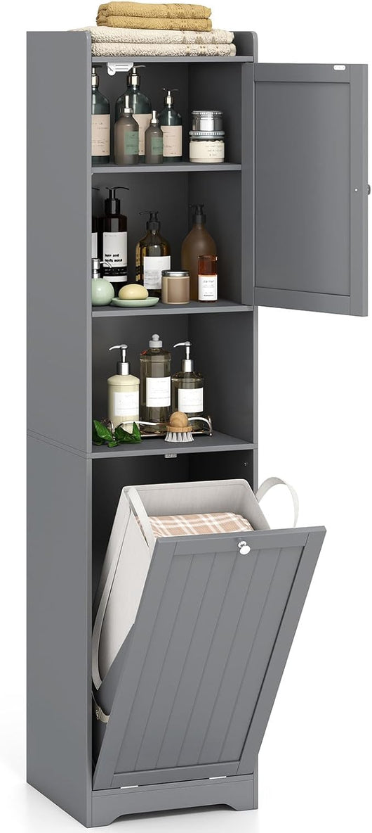 Mobile da Bagno, Armadietto Alto in Legno con Ripiano Regolabile, Cestino per Portabiancheria con Maniglie e Mensola Aperta, 40 × 40 × 170 cm, per Bagno e Cucina (Grigio)