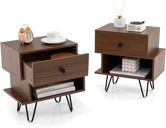 Set di 2 Comodini, Tavolino Moderno con Cassetto Rimovibile, Scomparto Aperto e Gambe in Metallo, Mobile per Camera da Letto, Soggiorno e Ufficio (Noce)