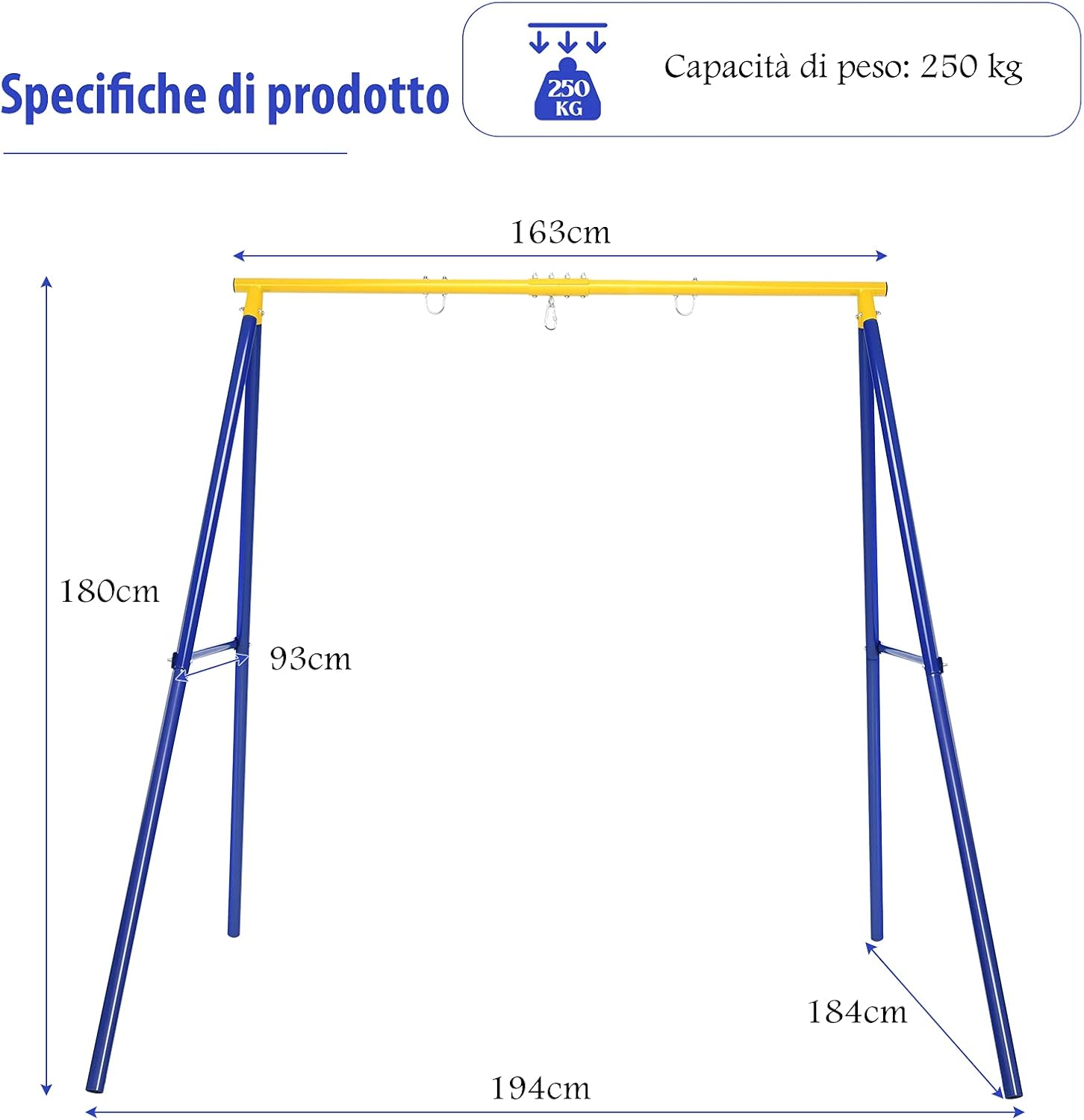 Struttura di Metallo per Altalena, Struttura ad A Resistente per Altalena, con Paletti e 2 Modi per Appenderla, Capacità di Peso 200kg, Ideale per Attività Interne ed Esterne (Blu e Giallo)