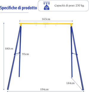 Struttura di Metallo per Altalena, Struttura ad A Resistente per Altalena, con Paletti e 2 Modi per Appenderla, Capacità di Peso 200kg, Ideale per Attività Interne ed Esterne (Blu e Giallo)