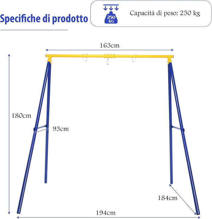 Struttura di Metallo per Altalena, Struttura ad A Resistente per Altalena, con Paletti e 2 Modi per Appenderla, Capacità di Peso 200kg, Ideale per Attività Interne ed Esterne (Blu e Giallo)