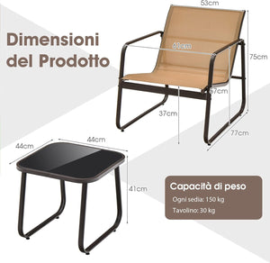 Set da Conversazione per Patio 3 Pezzi, Set di Sedie e Tavolo in Metallo e Textilene per Esterni, Piano Tavolo in Vetro Temperato, Set di Mobili per Giardino, Cortile, Bordo Piscina