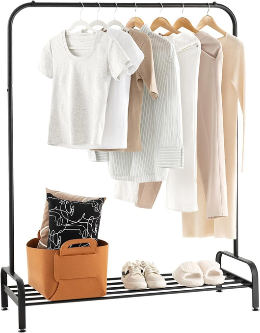 Stand Appendiabiti in Metallo, Appendiabiti da Terra con Barra Ripiano e Piedini Regolabili, Ideale per Camera da Letto e Soggiorno, 112x42x145 cm