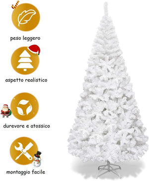 Albero di Natale 150/180/210/240 cm, Albero di Natale Bianco con 350/650/950/1138 Rami in PVC e Supporto in Metallo, Albero di Natale Artificiale per Casa, Ufficio e Negozio (210 cm)