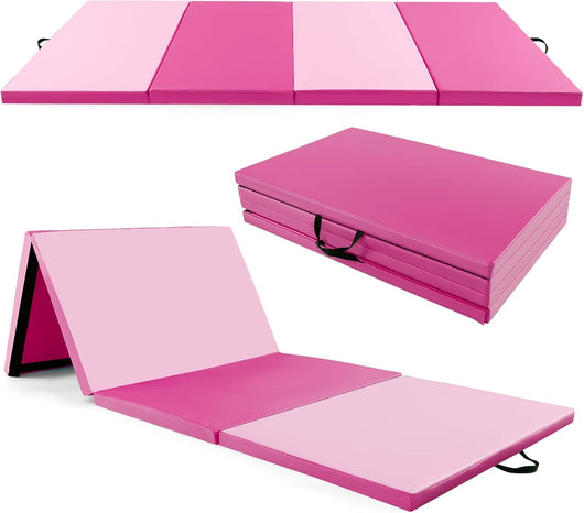 Tappetino per Ginnastica Pieghevole a 4 Pannelli con Maniglie, 300 x 117 x 5 CM, Tappetino in Ecopelle con Chiusure a Strappo per Ginnastica, Yoga, Stretching & Capriole（Rosa)