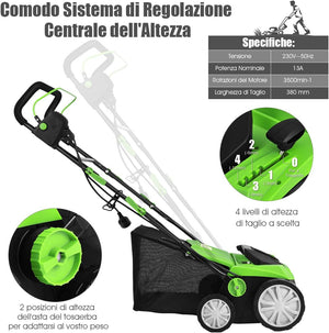 Scarificatore 2 in-1 per Prato, Arieggiatore Elettrico con Sacco Raccoglitore da 45L, Larghezza 38cm, con 3 Posizioni Regolabili, Scarificatore 1800W per Giardino Cortile (38 cm, Verde)