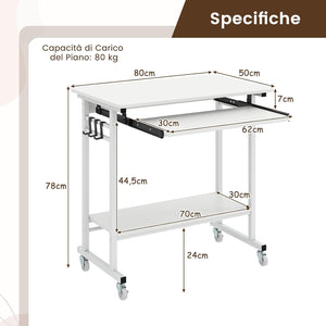 Scrivania con Ruote, Vassoio per Tastiera, Supporto per CPU e Ganci, Scrivania Moderna in Legno e Metallo per Salotto e Camera da Letto, 80 x 50 x 78 cm (Bianco)