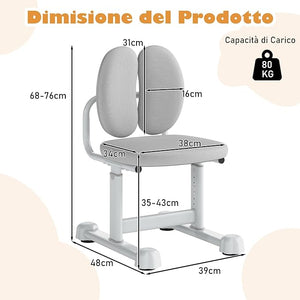 Sedia da Scrivania per Bambini 3+ Anni, Sedia Imbottita per Studiare con Doppio Supporto Lombare e Altezza Regolabile, Chair da Compiti per Casa e Scuola, Portata 100 kg (Grigio)