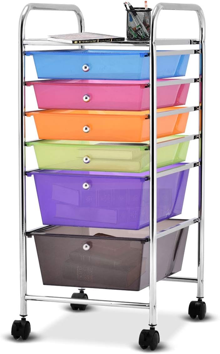 Carrello con 6 Cassetti e Ruote, Cassettiera in Plastica, con Due Dimensioni di Cassetti, Contenitore Multiuso per Casa Bagno e Ufficio, 37 x 74 x 32cm (Colorato)