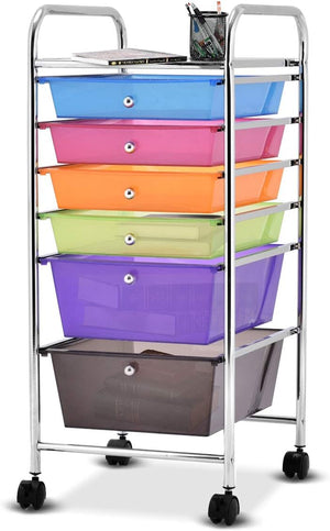Carrello con 6 Cassetti e Ruote, Cassettiera in Plastica, con Due Dimensioni di Cassetti, Contenitore Multiuso per Casa Bagno e Ufficio, 37 x 74 x 32cm (Colorato)