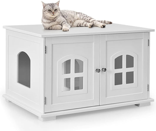 Casetta per Gatti, Casetta-comodino per Gatti con Doppie Porte e Finestre, Casetta Decorativa Ventilata per Domestici, 81 x 53 x 49 cm (Bianco)