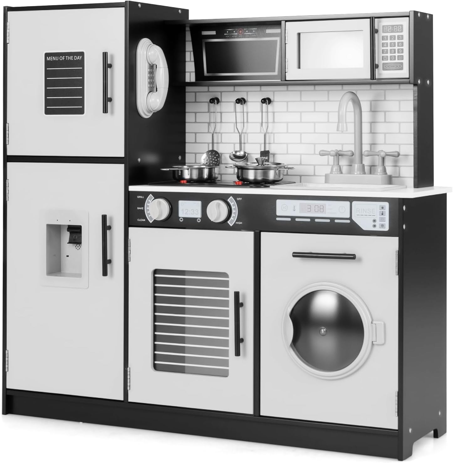 Cucina Giocattolo per Bambini, Cucina Legno per Bambini con Forno, Microonde, Lavatrice, Telefono, Lavello Rimovibile e Rubinetto Rotante, con Luci e Suoni, per Bambini di 3+ Anni (Nero)