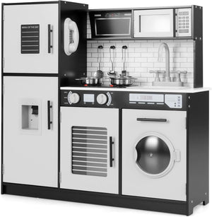 Cucina Giocattolo per Bambini, Cucina Legno per Bambini con Forno, Microonde, Lavatrice, Telefono, Lavello Rimovibile e Rubinetto Rotante, con Luci e Suoni, per Bambini di 3+ Anni (Nero)