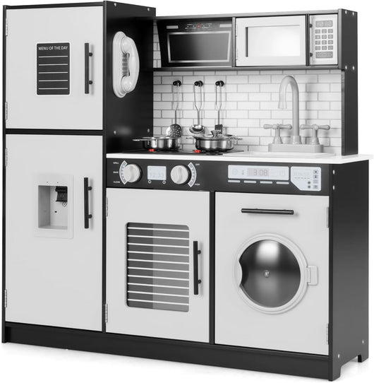 Cucina Giocattolo per Bambini, Cucina Legno per Bambini con Forno, Microonde, Lavatrice, Telefono, Lavello Rimovibile e Rubinetto Rotante, con Luci e Suoni, per Bambini di 3+ Anni (Nero)