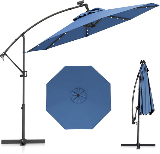 Ombrellone da Giardino ∅300 cm con 32 Luci LED, Ombrellone Prendisole con Rotazione di 360°, Inclinazione Regolabile, 8 Stecche, Manovella, per Giardino Piscina Cortile (Blu)
