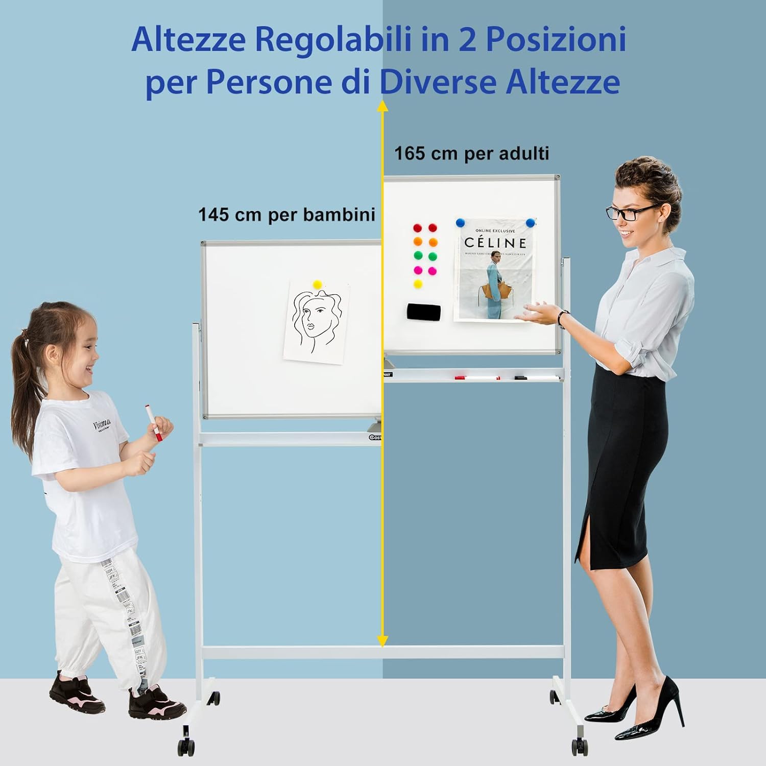 Lavagna Bianca Magnetica Doppia, Design Regolabile in Altezza con Ruote Bloccabili, 6 Pennarelli, 12 Calamite e 1 Cancellino, Ideale per Casa Ufficio e Scuola, 126 x 59 x 145/165 cm, Bianco