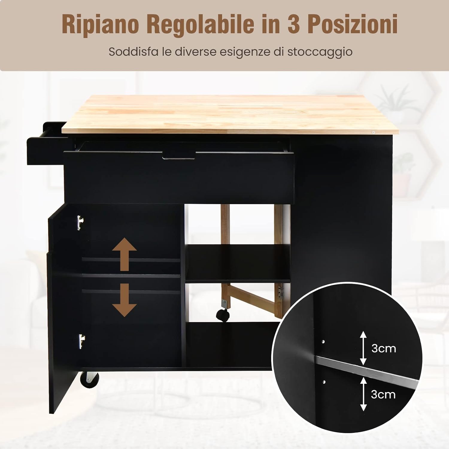 Carrello da Cucina con Cassetto, Carrello Servizio con Ripiano Aperto e Pieghevole, Carrello Multiuso con Ruote e Portasciugamani, 124x76x92 cm (Nero)