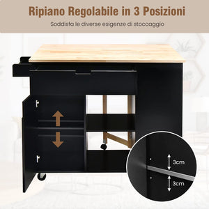 Carrello da Cucina con Cassetto, Carrello Servizio con Ripiano Aperto e Pieghevole, Carrello Multiuso con Ruote e Portasciugamani, 124x76x92 cm (Nero)