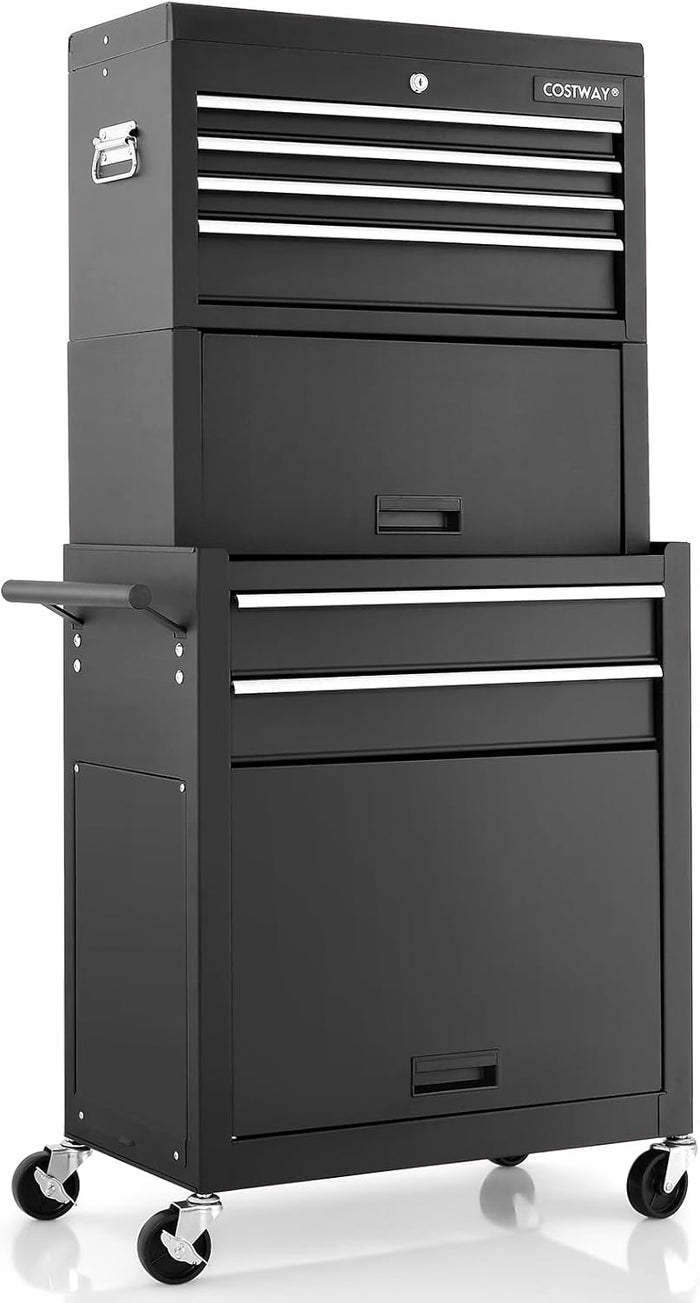 Cassettiera Portautensili a 6 Cassetti, Carrello per Attrezzi con Ruote Bloccabili, con Ripiano rimovibile e Serratura, 61,5 x 33 x 132 cm (Nero)