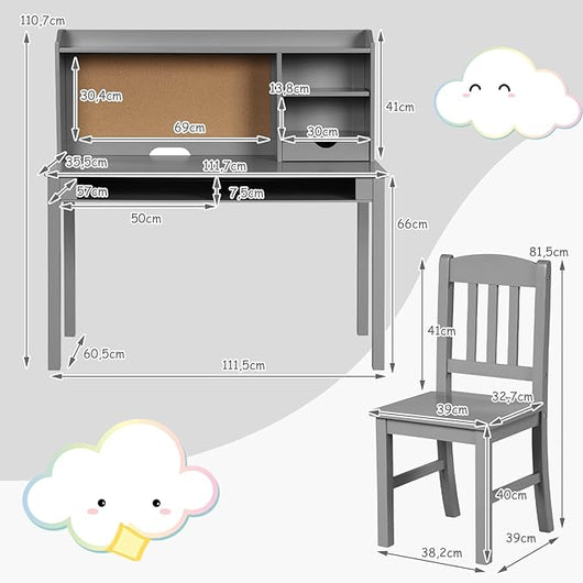 Set Scrivania e Sedia per Bambini 5-12 Anni, Tavolo in Materiale Sicuro con Bacheca in Sughero, 2 Cassetti e Spazio Ampio, Design Moderno, Ideale per Studio e Disegno (Grigio)