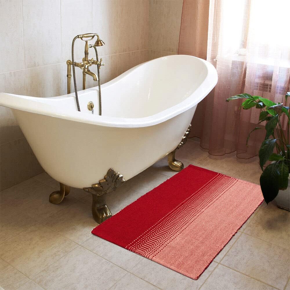 Tappeto Cucina Bagno Puro Cotone Assorbente Tessuto Intrecciato a Mano Rosso 55x240 cm