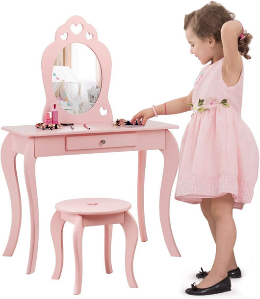 Set Toeletta e Sedia per Bambine - Specchio e Cassetto, Toletta Trucco 2 in 1 con Superficie Smontabile, 70 x 34 x 105 cm, Rosa