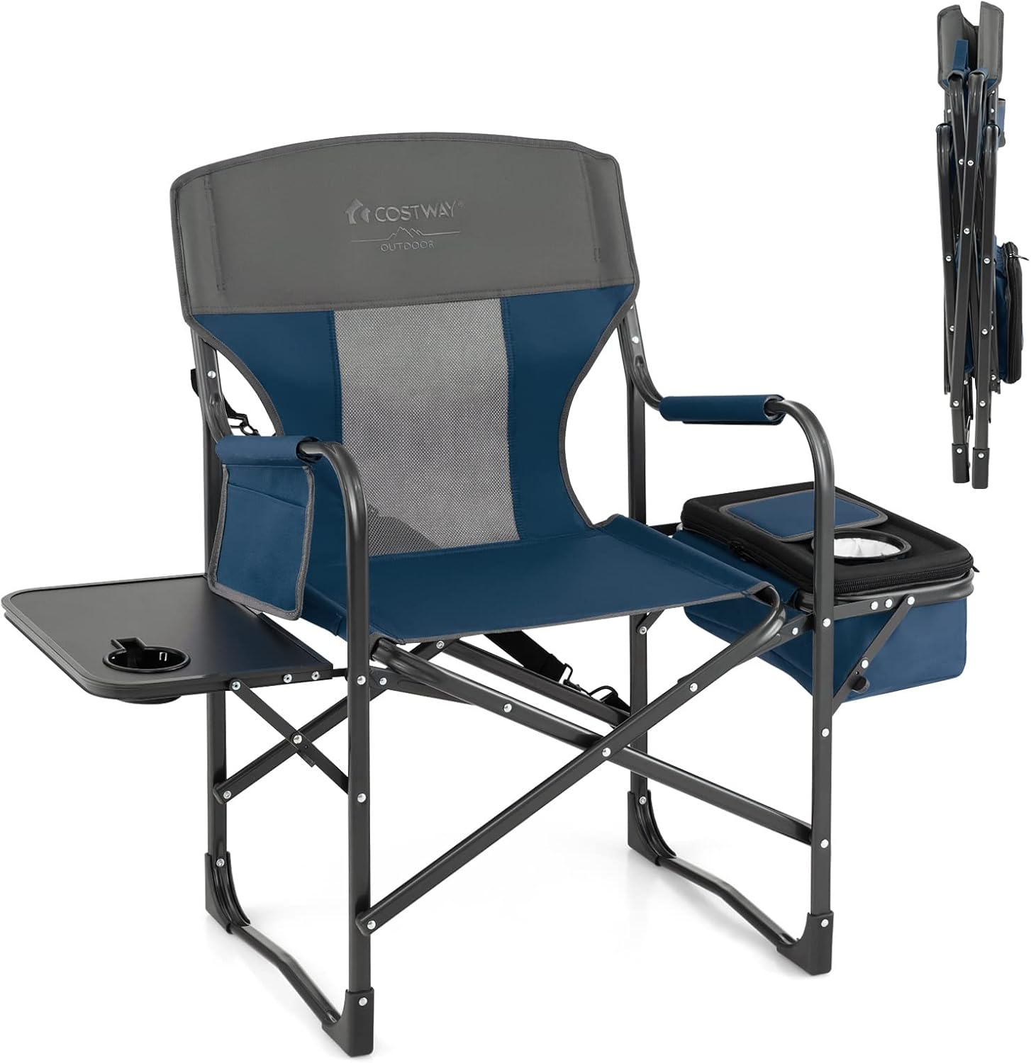 Sedia da Campeggio Pieghevole, Sedia da Regista Robusta con Tavolino, Borsa Frigo, Borsa Portaoggetti e Cinghia, Sedia da Trucco da 180 kg, per Campeggio Escursione Pesca Picnic (blu)