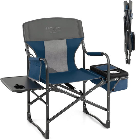 Sedia da Campeggio Pieghevole, Sedia da Regista Robusta con Tavolino, Borsa Frigo, Borsa Portaoggetti e Cinghia, Sedia da Trucco da 180 kg, per Campeggio Escursione Pesca Picnic (blu)