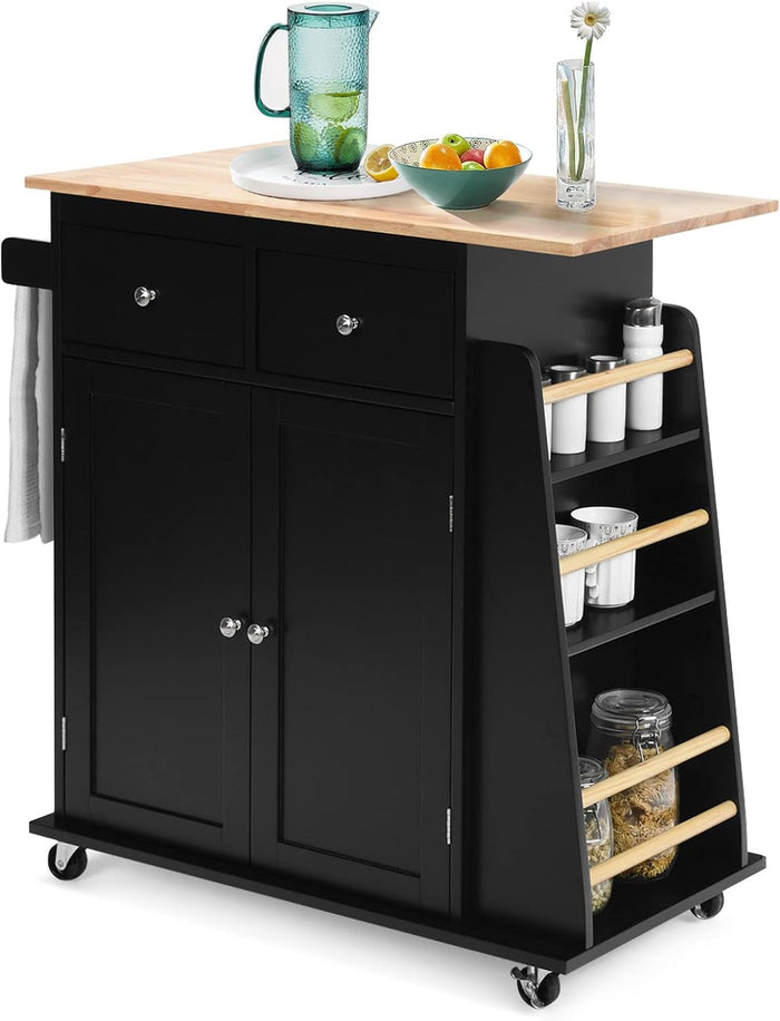 Carrello Cucina con Ruote, Carrello di Servizio con 2 Cassetti e Portaspezie, Portasciugamani e 2 Porte, Ideale per Casa Ristorante e Bar, 88x45x89,5 cm (Nero)