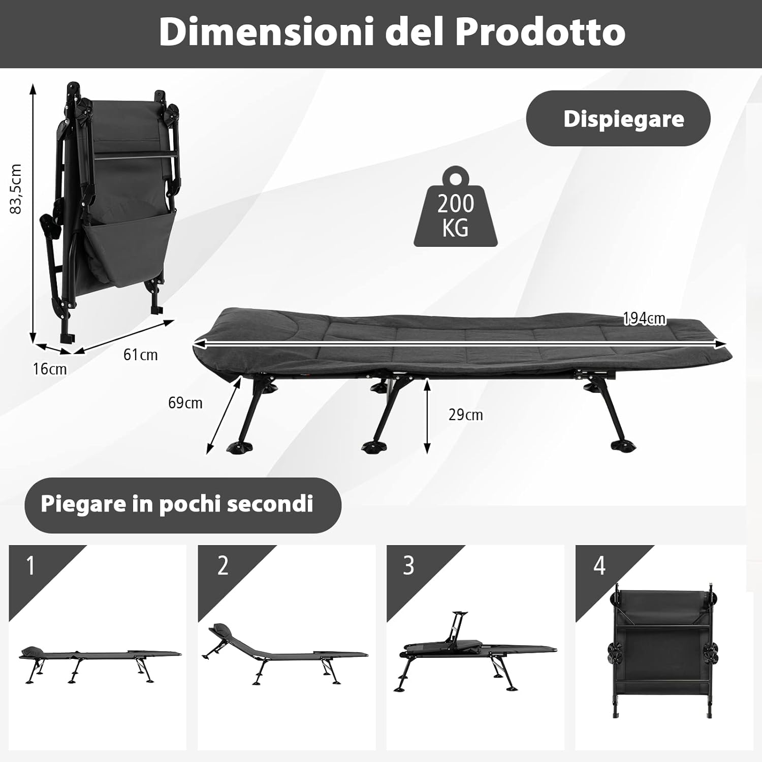 Brandina da Campeggio Pieghevole con Materasso Rimovibile, Poggiatesta, Schienale Regolabile in 6 Posizioni e Copripiedi Girevole a 360°, per Campeggio, Ufficio e Ospiti (Grigio)