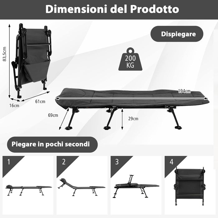 Brandina da Campeggio Pieghevole con Materasso Rimovibile, Poggiatesta, Schienale Regolabile in 6 Posizioni e Copripiedi Girevole a 360°, per Campeggio, Ufficio e Ospiti (Grigio)