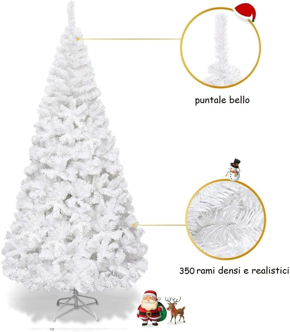 Albero di Natale 150/180/210/240 cm, Albero di Natale Bianco con 350/650/950/1138 Rami in PVC e Supporto in Metallo, Albero di Natale Artificiale per Casa, Ufficio e Negozio (150 cm)