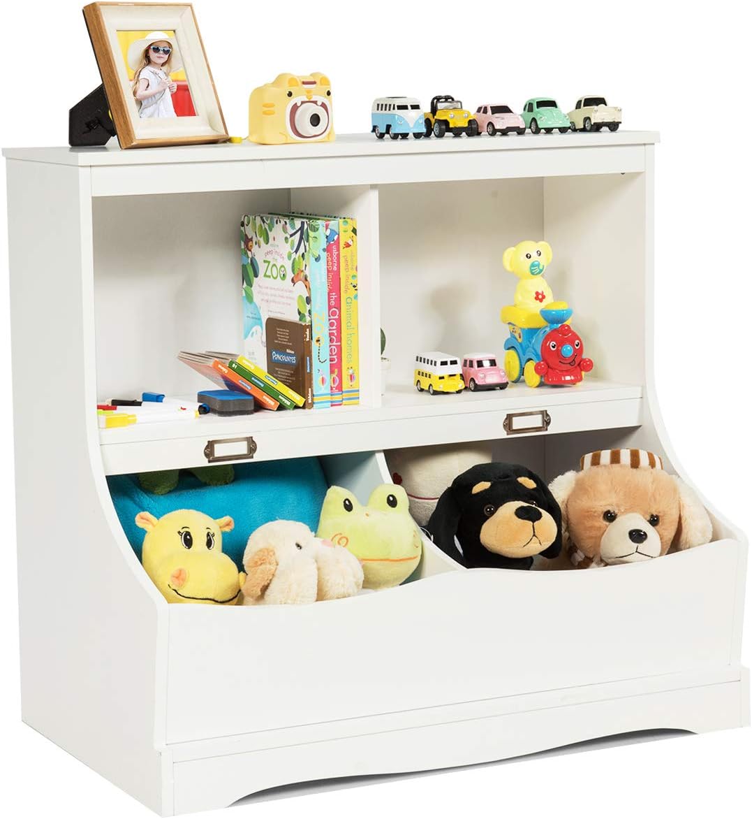 Scaffale Libreria Organizer Porta Giocattoli, con 2 Scomparti e 2 Contenitori, Libreria Multiuso con Pedana, per Camera dei Bambini, Bianco