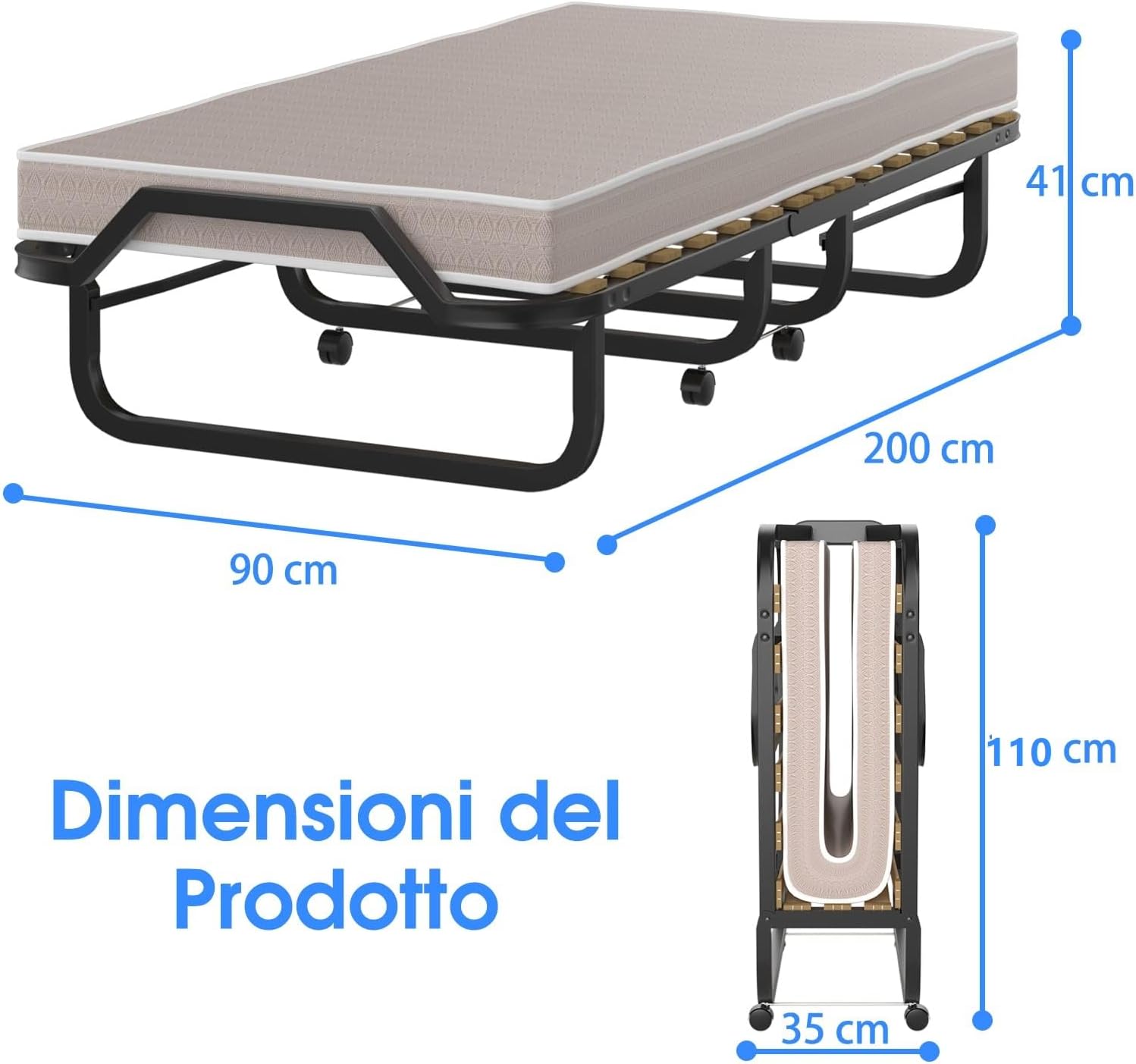 Letto Brandina Pieghevole a Doghe con Materasso in Memory Foam, 200x90 cm, Letto Portatile con 4 Ruote e Struttura Resistente, Carico 130kg, Made in Italy (Stile 2)