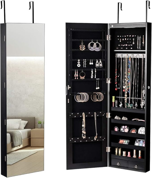 Armadietto per Gioielli con Illuminazione a LED Portagioie da Parete con Specchio, Chiudibile a Chiave, 35,5 x 10 x 120 cm (Nero)