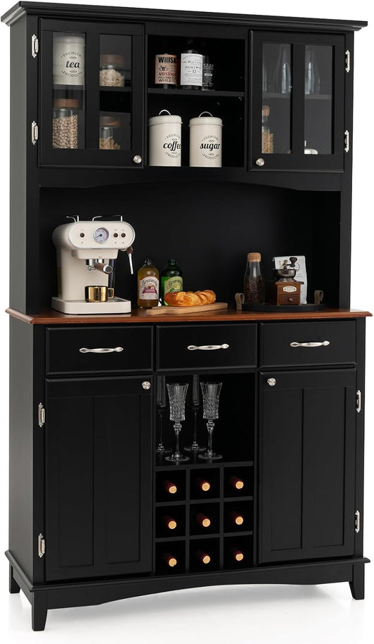 Credenza da Cucina, Armadietto Dispensa da Cucina Alto con Ante in Vetro Temperato, Portabottiglie, Ripiani Regolabili, Mobile Moderno per Cucina con 3 Cassetti e Ripiani Aperti (Nero)