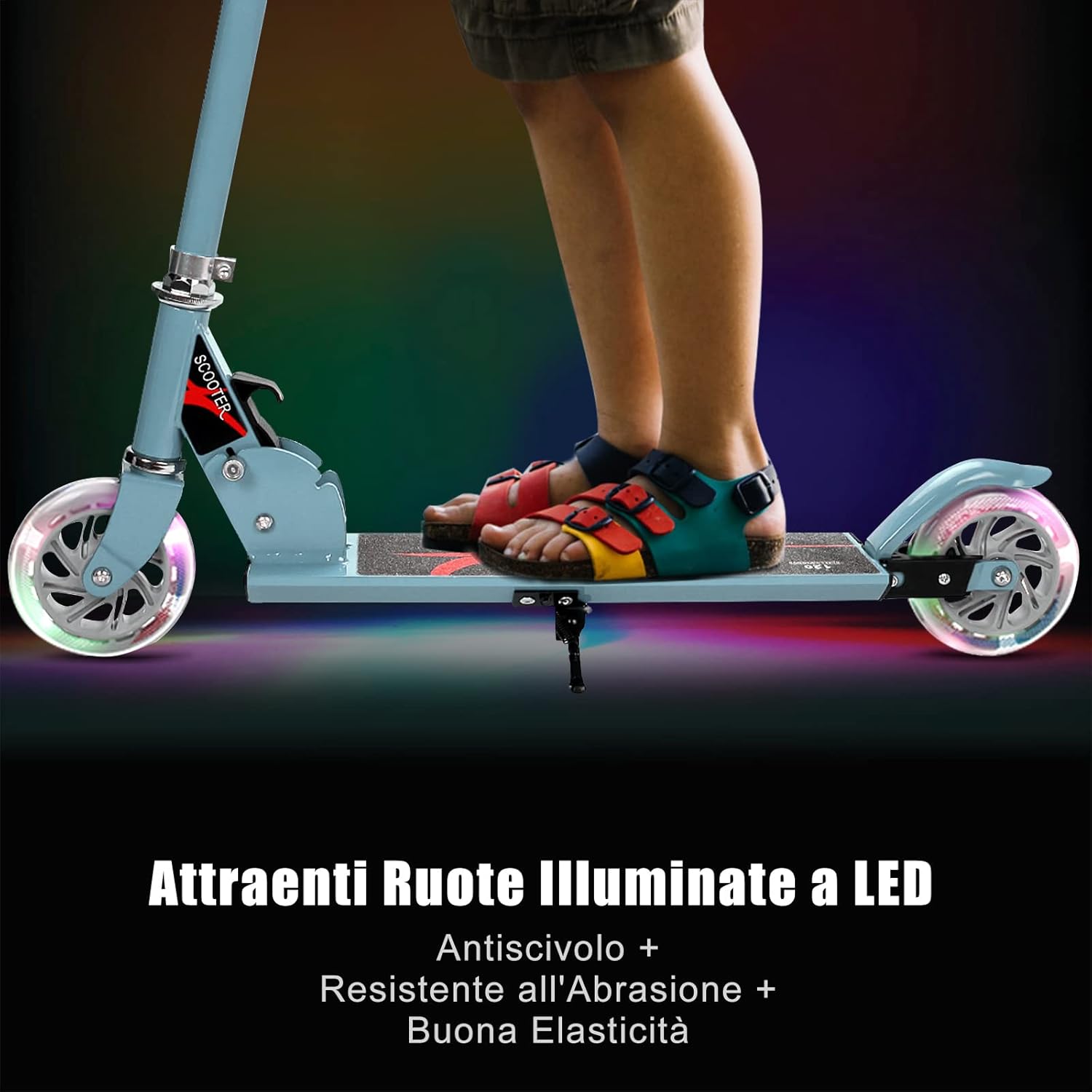 Scooter pieghevole Monopattino per bambini, regolabile in altezza, con 2 ruote lampeggianti, Scelta a colori (Azzurro)
