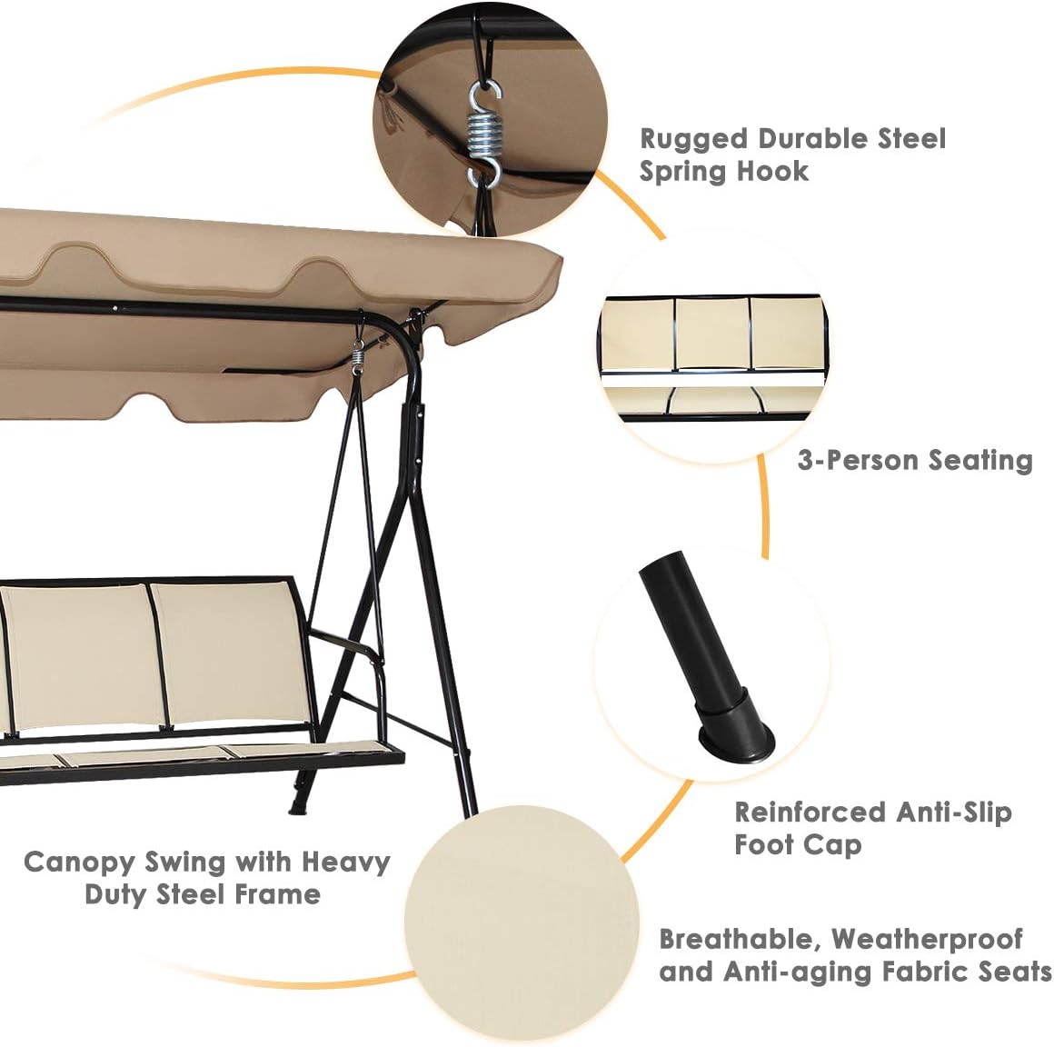 Dondolo da Giardino a 3 Posti, con Tettuccio Parasole Regolabile, Sedia a Dondolo da Giardino con Telaio in Acciaio, 173 x 119 x 152 cm (caff¨¨)
