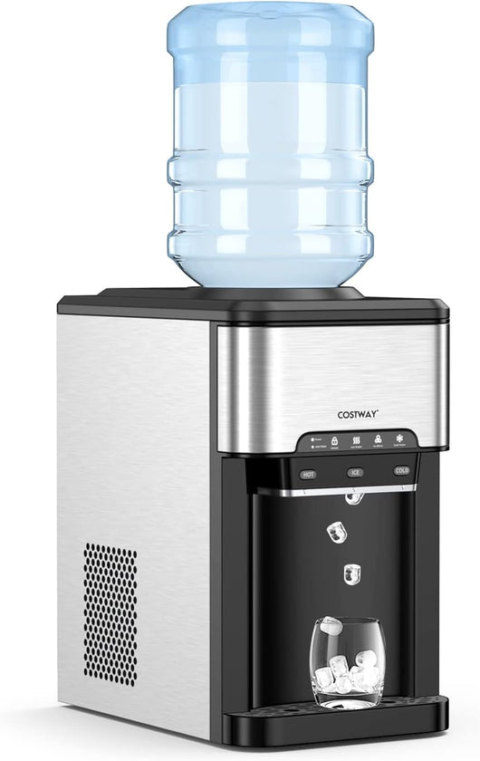 Erogatore Acqua 3 in 1, con Macchina del Ghiaccio, Dispender Acqua con 3 Impostazioni di Temperatura Caldo/Freddo/Ghiaccio, Regge Bottiglie 10-20 L, per Casa Ufficio Dormitorio