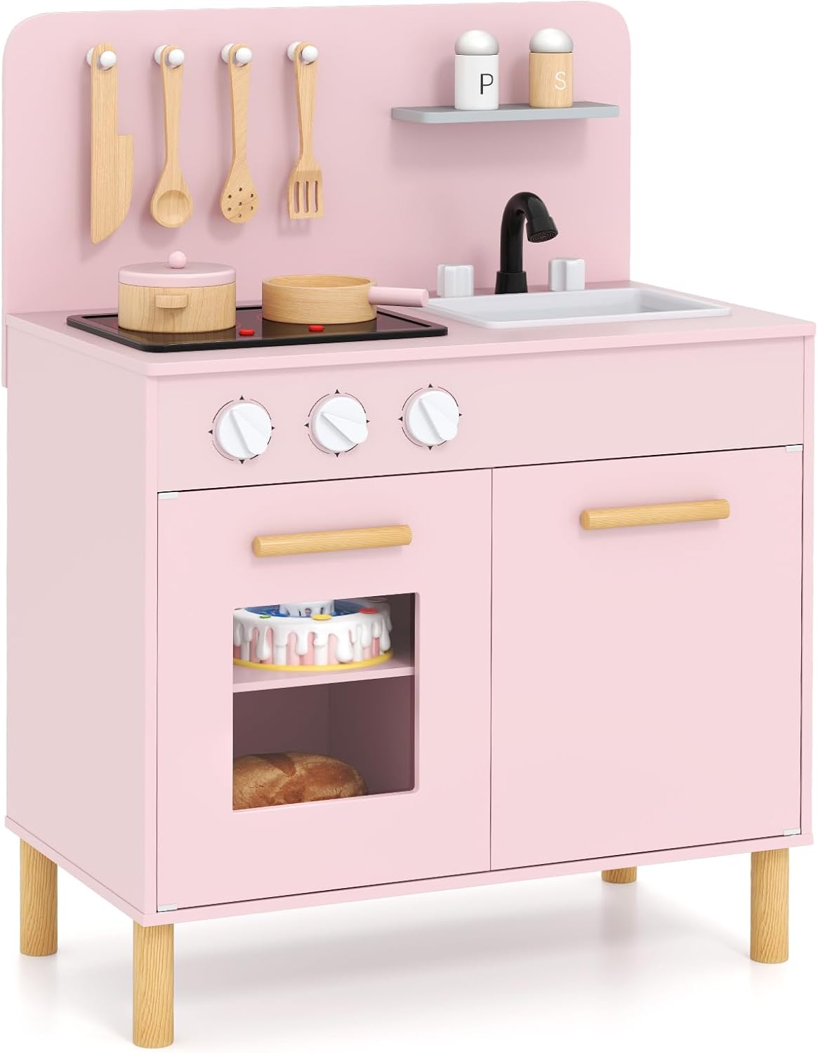 Cucina Giocattolo con Fornelli a Suoni e Luci Reali, Cucina per Bambini in Legno con Lavandelo Estrabile, Rubinetto e Forno, Set Cucina con 11 Accessori, 55 x 31 x 75 cm (Rosa)